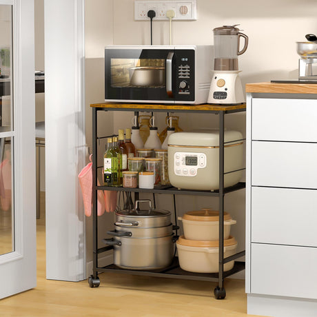 ThreeHio Rolling Kitchen Microwave Cart, 3 Tier Microwave Table Stand with Storage, Kitchen Utility Cart on Lockable Wheels, Small Coffee Cart Shelf Rack Organizer for Living Room Office, Balcony ThreeHio