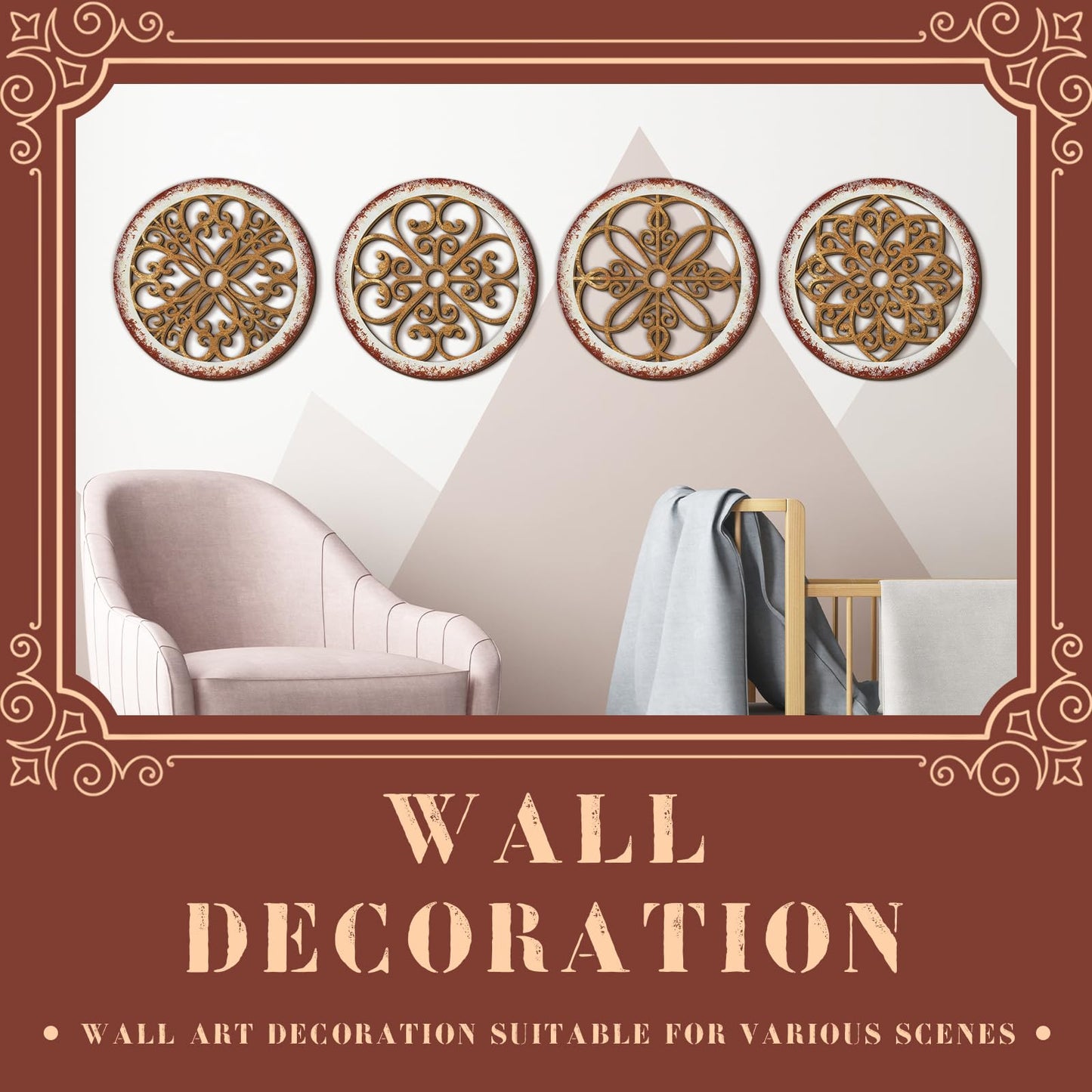 Yulejo 4 Pcs Thicken Rustic Wall Decor Farmhouse Wall Art Wooden Hollow Carved Design Decor Rustic Round Wall Art for Living Room Bedroom Hallway Decor Kitchen Wall (Light Brown,9.8 x 9.8 Inch)