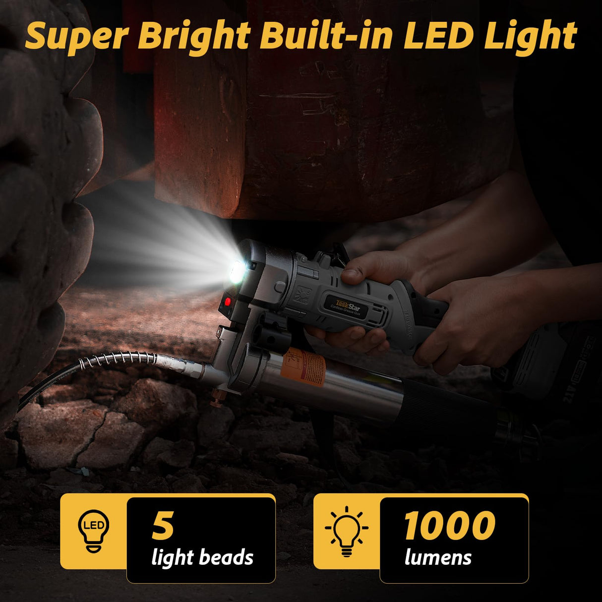 TaskStar Grease Gun, 2-in-1 Easy-to-Use Battery Grease Gun Kit with 2 * 4000mAh Batteries, Efficient Cordless Grease Gun with 90 Degree Coupler Adapter, Electric Grease Gun with LED Light, Gray TaskStar