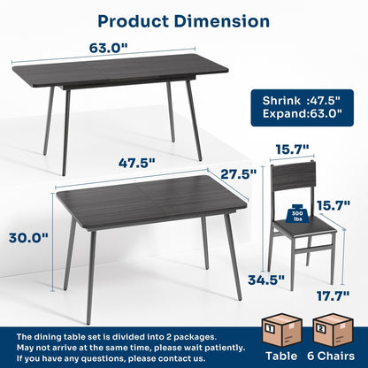 Ahomly 7-Piece Extendable Dining Table Set with 6 Padded Chairs, Dining Room Table Set for 4-6, MDF Board & Metal Frame Kitchen Table Set for Kitchen, Living Room, Apartment, Restaurant, Blac - WoodArtSupply