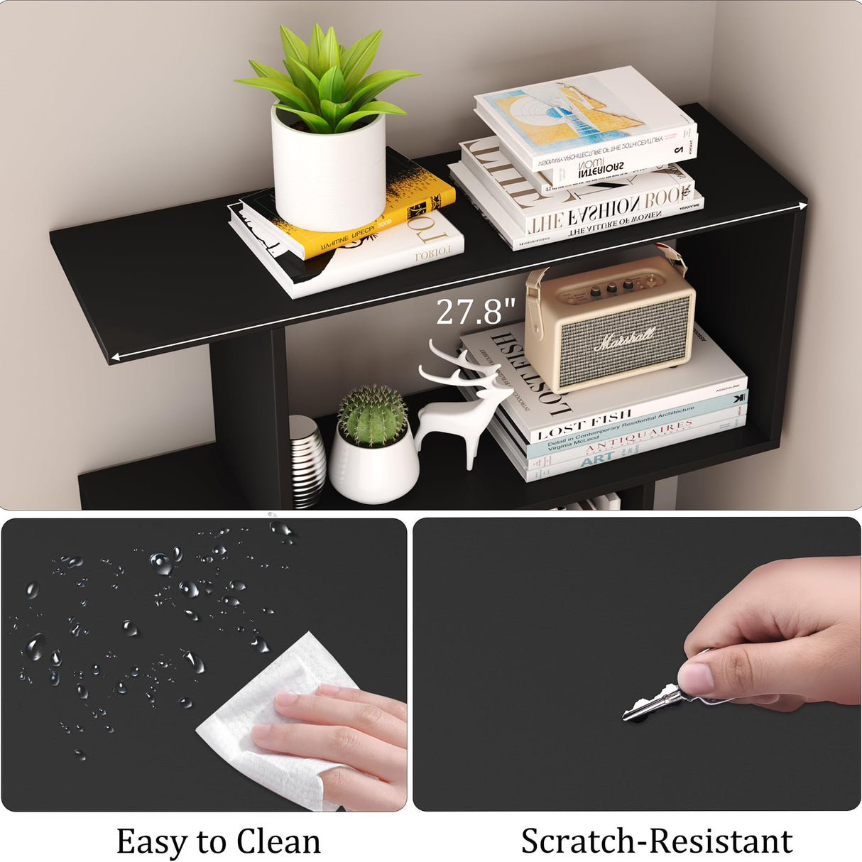 Yusong Bookshelf 5-Tier, Geometric Bookcase S Shaped Book Shelves for Bedroom, Modern Wood Decorative Display Shelf Book Case for Home Office, Black Yusong