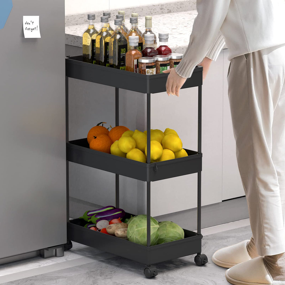SPACELEAD 3 Tier Rolling Cart with Wheels, Storage Craft Art Trolley Organizer Serving, 3 Hanging Baskets Easy Assembly, for Office, Living Room, Kitchen, Black SPACELEAD