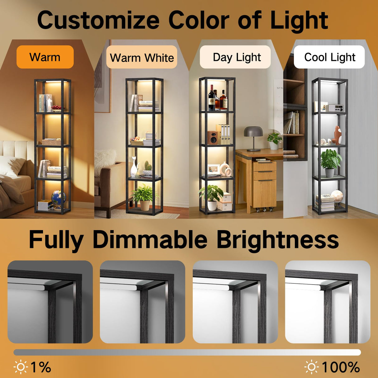 OUTON 67" Glass Display Shelf with Dimmable LED Floor Lamp, Collectibles Display Cabinet with Remote & App Control, 5 Tier Open Bookshelf Lamp for Living Room, Bedroom, Office, Home Decor, Black OUTON