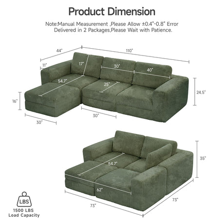 ONBRILL 110" Modular Sectional Sofa, L Shaped Couch 4 Seater with Sleeper Chaise, Sectional Couch with Deep Seat,Upholstered Corduroy Cloud Couches for Living Room,Bedroom,No Assembly Required,Green ONBRILL