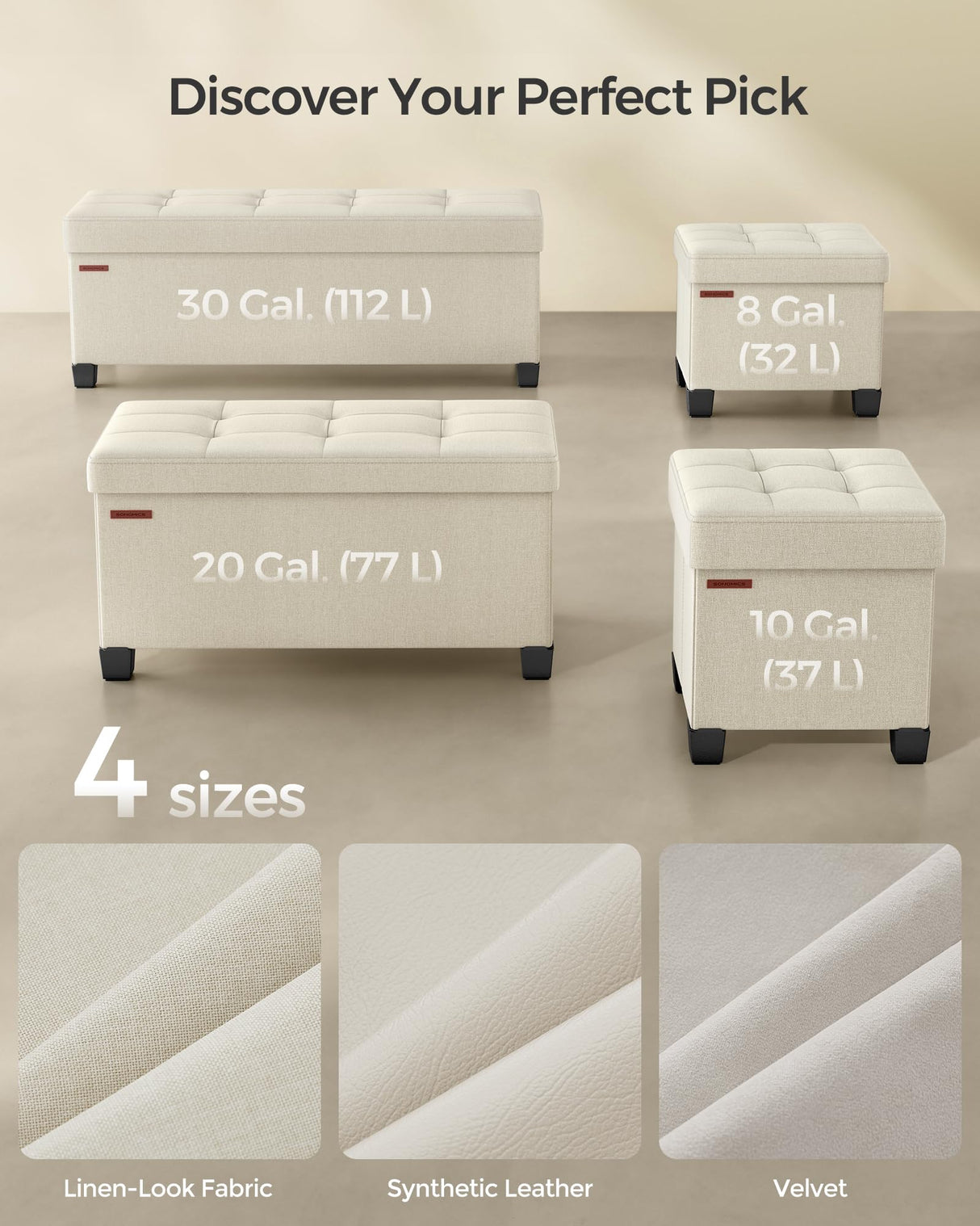 SONGMICS Storage Ottoman Bench, Foldable Foot Rest with Legs, 15 x 43 x 15.7 Inches, End of Bed Bench, Storage Chest, Load up to 660 lb, for Living Room, Bedroom, Entryway, Cream White ULSF018W01 SONGMICS
