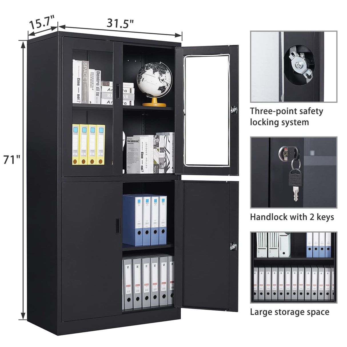 SISESOL Display Cabinet with Glass Doors and Lock,Black Metal Storage Cabinet,Freestanding Locking Kitchen Pantry Cabinets with Doors and Shelves for Home Office,Pantry,Kitchen Bathroom SISESOL