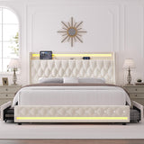 HIFIT King LED Bed Frame with Charging Station and 4 Storage Drawers, Velvet Upholstered Platform Bed with Handcrafted Crystal Button Wingback Headboard, Metal Frame with No Box Spring Needed, Beige HIFIT