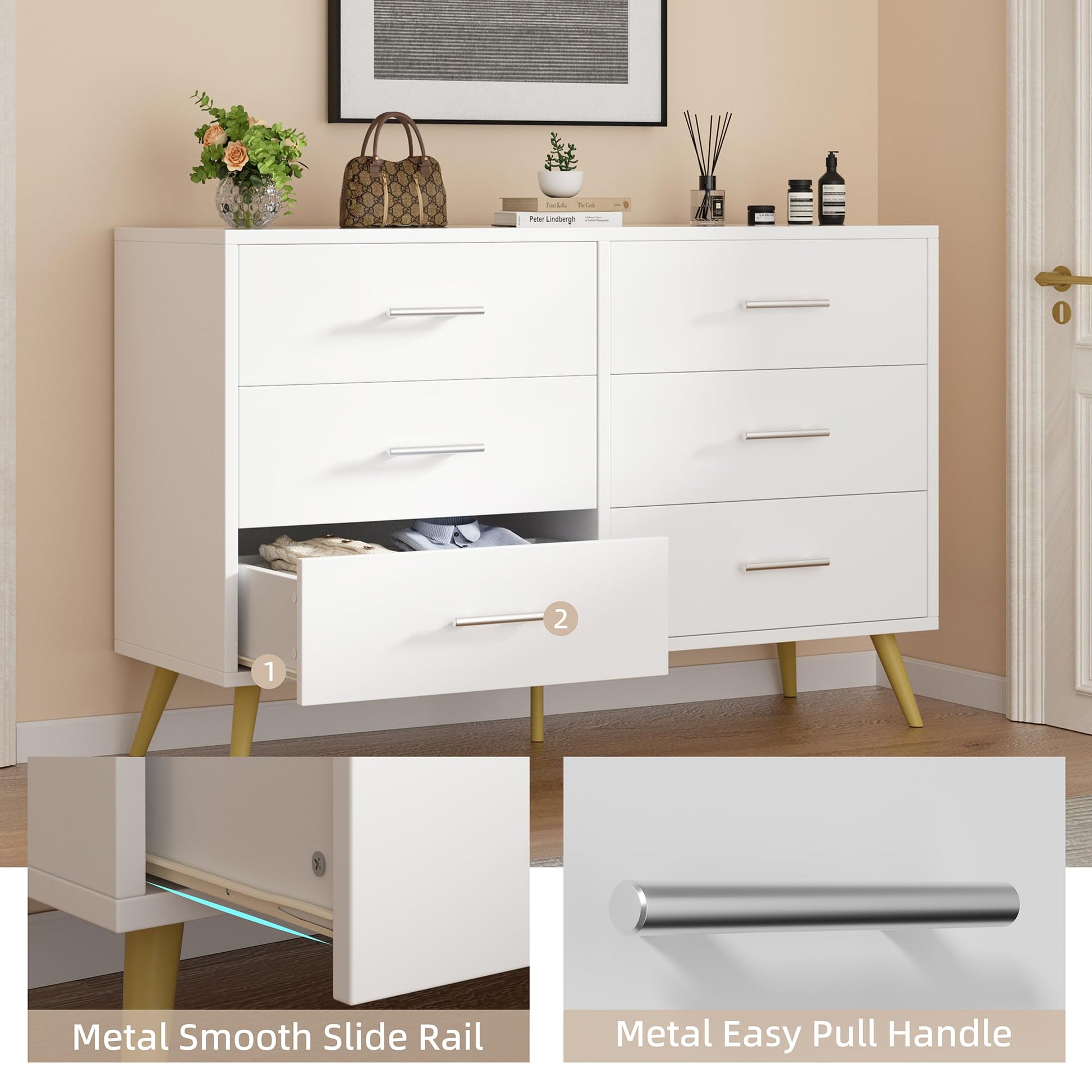 Shintenchi 6 Drawer Dresser, Wide Chest of Drawers Organizer Storage with Drawers, Large Storage Cabinet, Modern Design Dresser for Bedroom, Living Room, Porch, White - WoodArtSupply