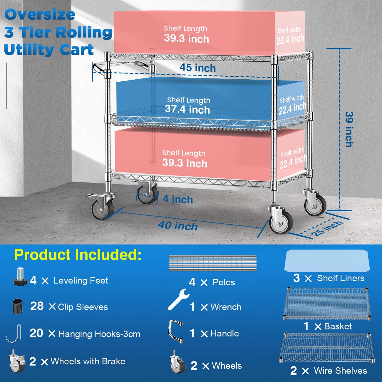 Leteuke 1120LBS Heavy Duty Rolling Utility Cart,3 Tier Rolling Carts with Wheels,NSF Commercial Grade with Handle Bar & Shelf Liners,45"x25"x39"Storage Cart for Kitchen,Restaurant,Plant Display,Chrome