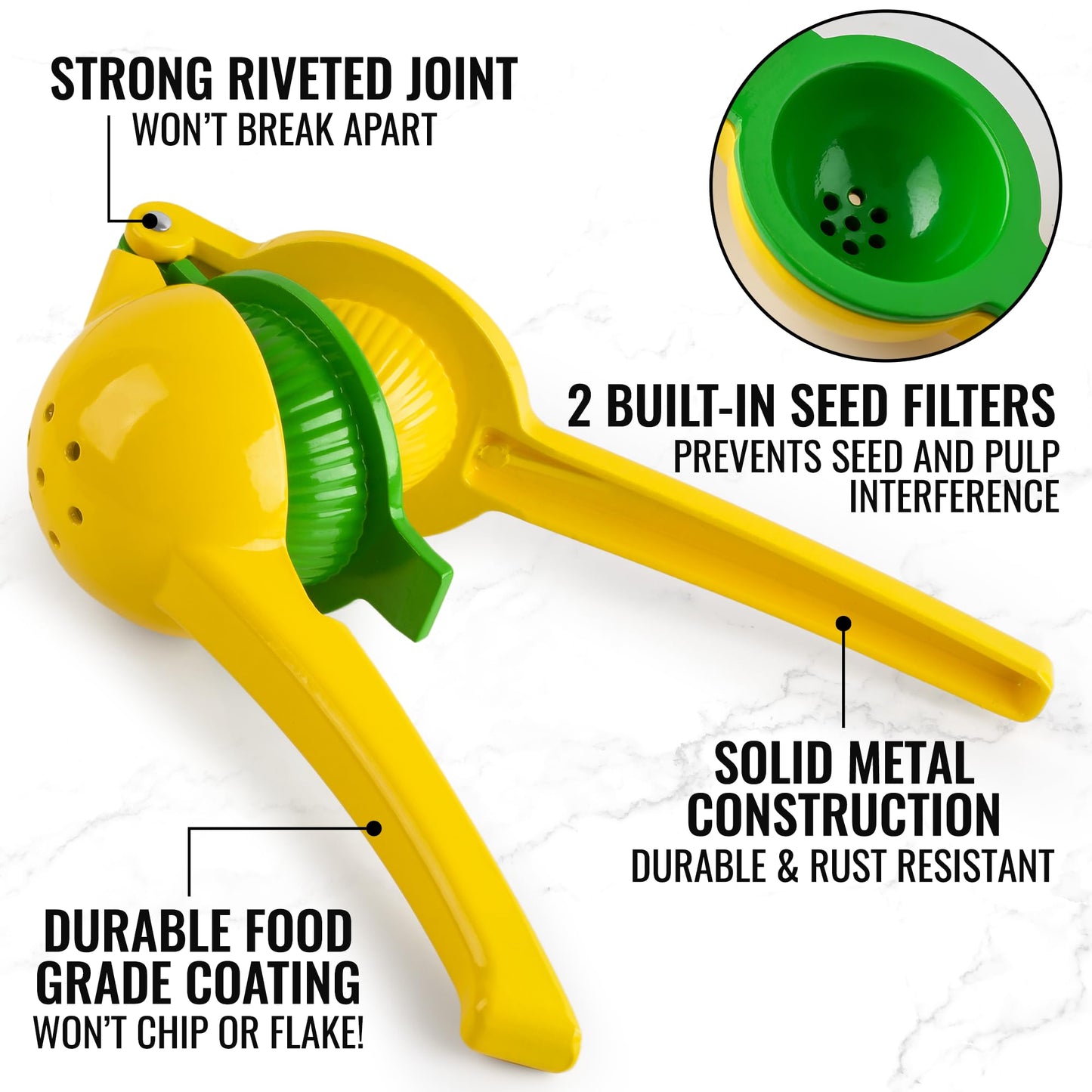 Zulay Kitchen Metal 2-in-1 Lemon Squeezer - Sturdy Max Extraction Hand Juicer Lemon Squeezer Gets Every Last Drop - Easy to Clean Manual Citrus Juicer - Easy-Use Lemon Juicer Squeezer - Yellow/Green