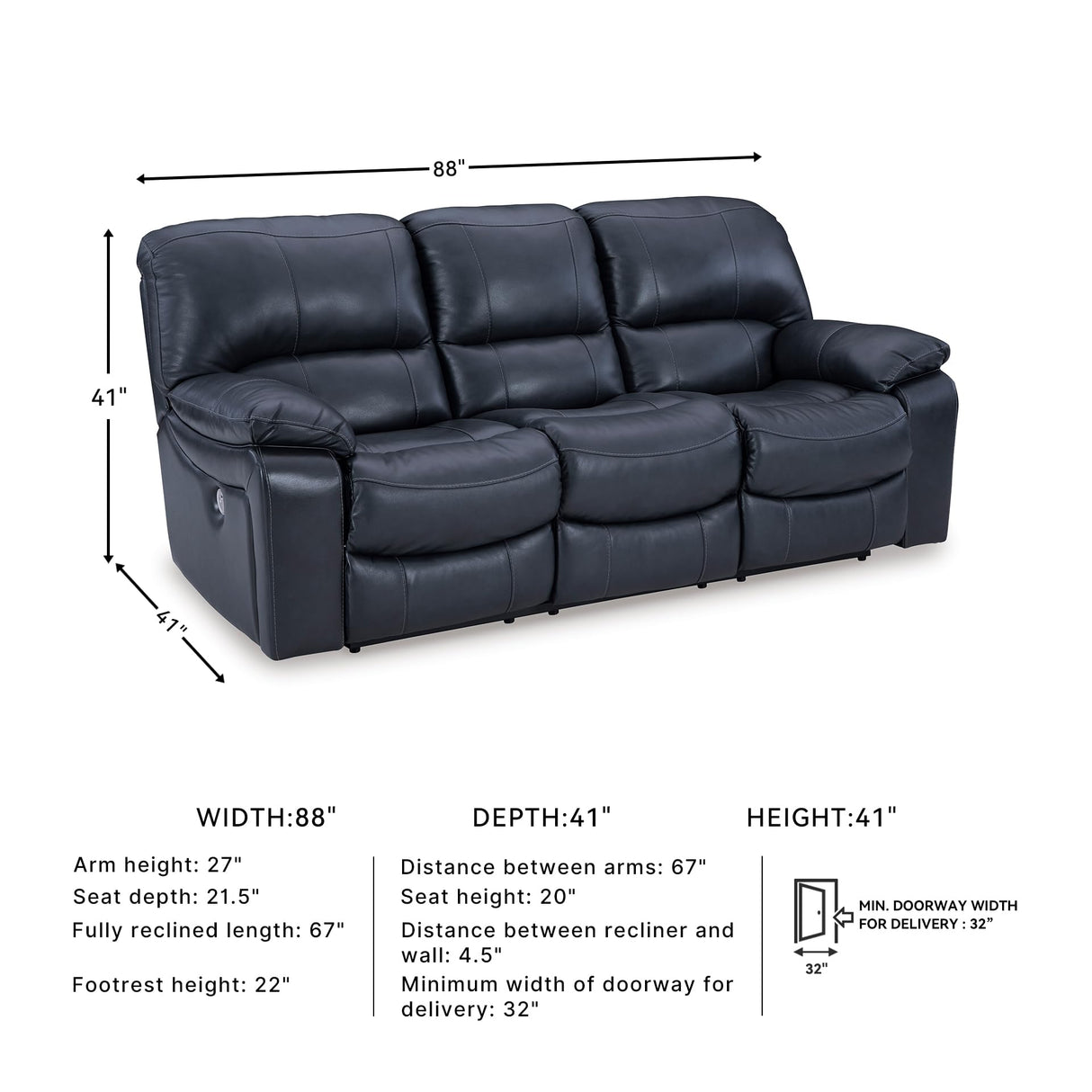 Signature Design by Ashley Leesworth Modern Power Reclining Sofa with USB Charging Ports, Blue Signature Design by Ashley