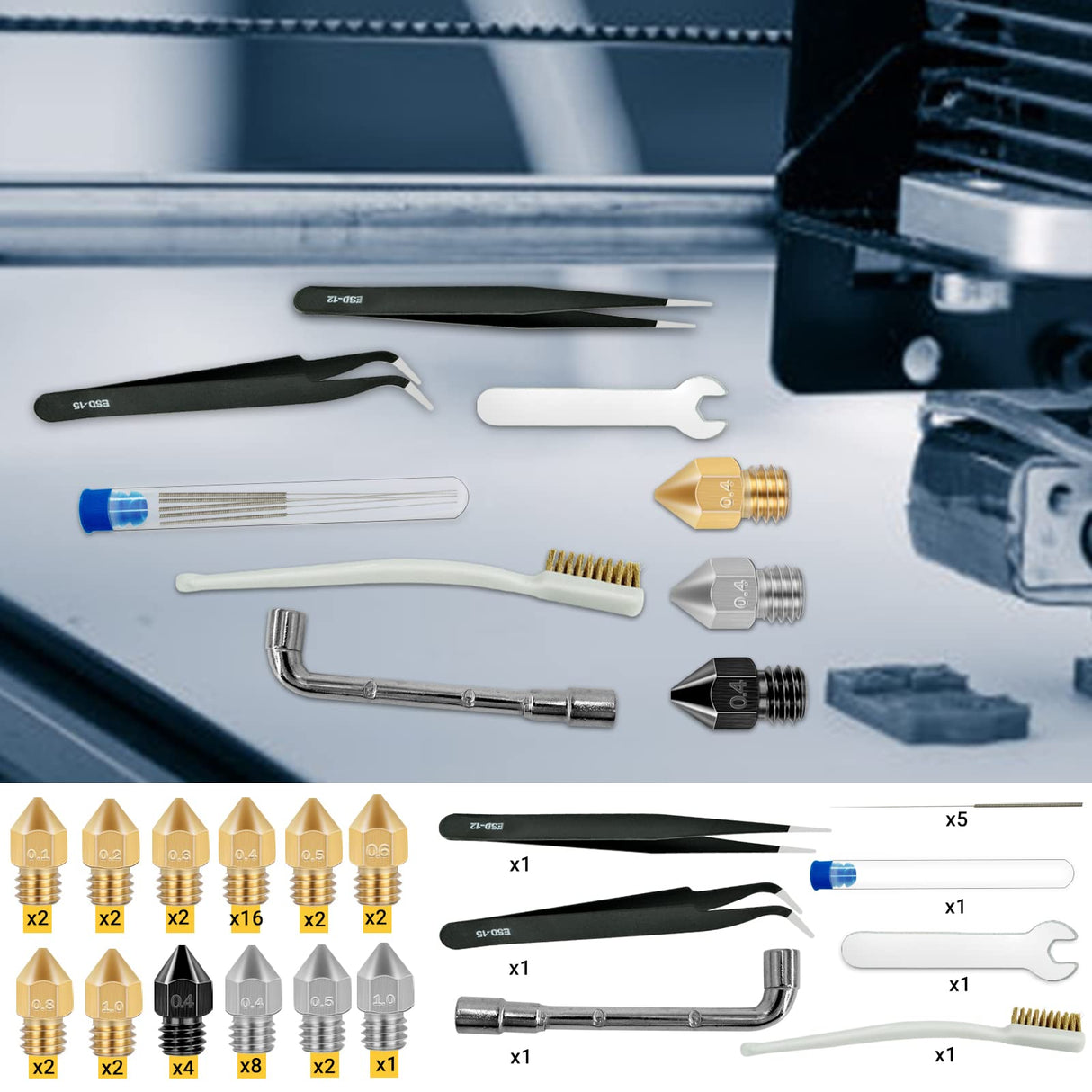 50 Pcs 3D Printer Nozzles - Hardened Steel Stainless Steel Brass Printer Extruder Nozzles Set for CR-10, Ender 3 - High Temperature Pointed Wear Resistant Mk8 Nozzles - 3D Printer Nozzle Cleaning Kit Axeyil