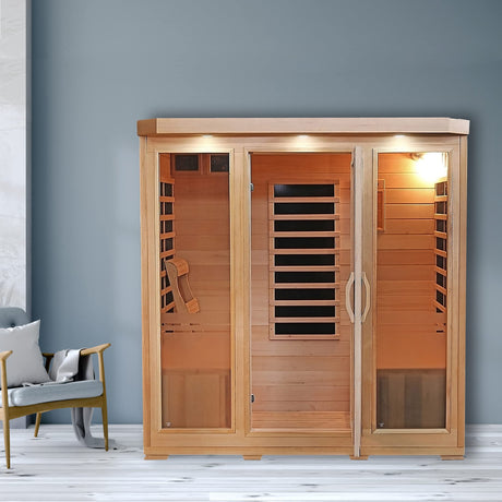 Heat Wave 4 Person Sauna Hemlock Wood Sonoma 9 Carbon Infrared Heaters MP3 Player Chromo Therapy Lighting 120V 2100W Heat Wave