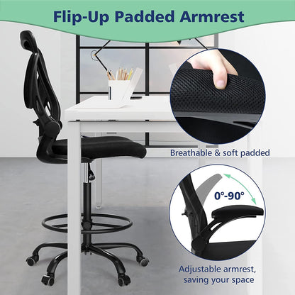 dreamlify Drafting Chair,Tall Standing Desk Chair Comfortable Office Chair with Foot Ring Flip-up Padded Arms Height Adjustable Computer Task Chair Ergonomic Mesh Mid-Back Desk Chair,Black - WoodArtSupply