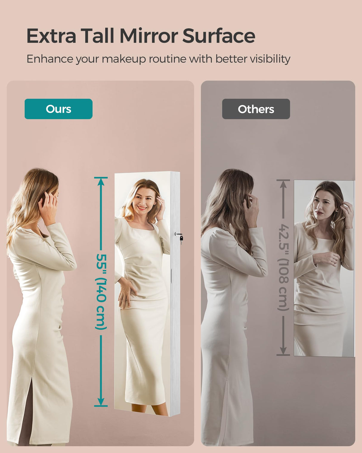 SONGMICS 55 Inches Tall Spacious Jewelry Cabinet, Jewelry Armoire with Light-Up Interior Mirror, Wall or Door Mounted Jewelry Storage Organizer, Lockable, Gift Idea, Cloud White UJJC032W01 SONGMICS