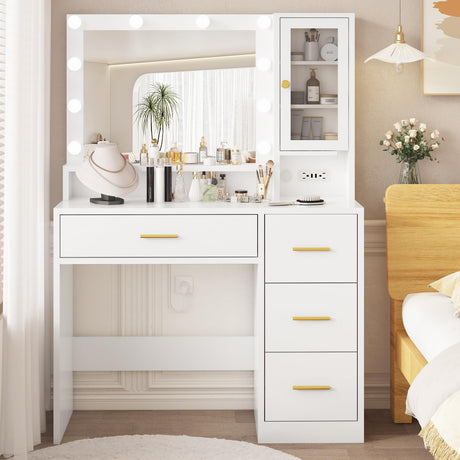 White Vanity with Mirror and Lights, Makeup Vanity Desk with 4 Drawers, Glass Door Storage Cabinet, Charger Station, 3 Color Modes & Adjustable Brightness Dressing Table for Bedroom,Girls Vanity 35.4" Likein