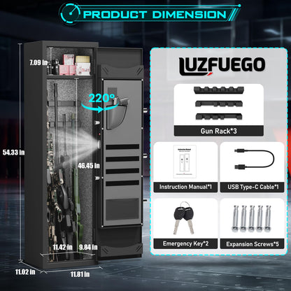 4-6 Rifle Gun Safe, Biometric Gun Safe, 54" Long Gun Safe for Rifles and Pistols, Quick Access Gun Cabinet for Rifles and Shotguns with Backlit Keypad, Dual Alarm System and 3 Gun Racks