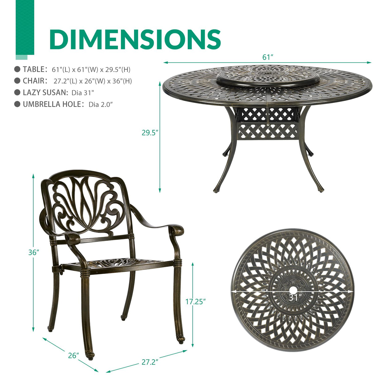 VIVIJASON 9-Piece Patio Furniture Dining Set, Rust-Free Cast Aluminum Outdoor Conversation Set, Include 8 Chairs & 61" Round Dining Table with 31" Lazy Susan, Umbrella Hole for Lawn Garden VIVIJASON