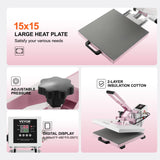 VEVOR Heat Press, 15 x 15 in Digital Heat Press Machine, Slide Out Heat Transfer Machine, Fast and Even Heating, 2-Layer Insulation Cotton, Heat Transfer Machine for T-Shirts/Bags/Pillows, Pink VEVOR