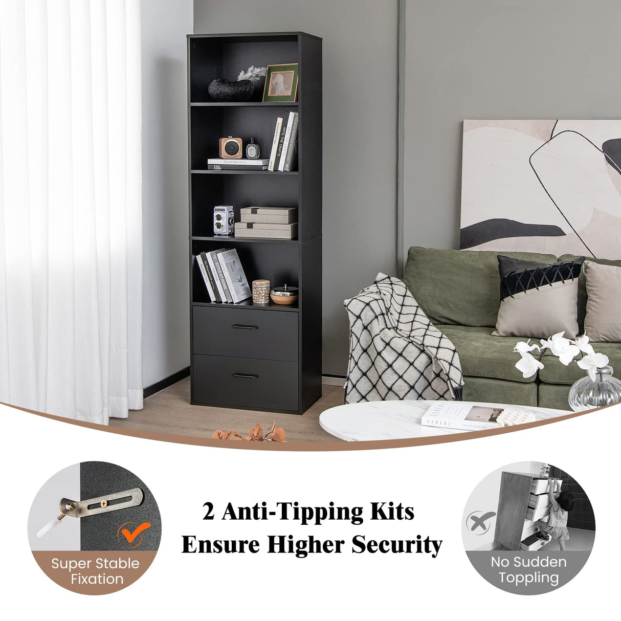 Giantex 74" Tall 4-Tier Bookcase with Drawers - Freestanding Black Narrow Bookcase with Anti-Tipping Kits, Wood Open Storage Display Cabinet, 4-Cube Bookshelf for Living Room, Bedroom, Office Giantex