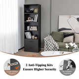 Giantex 74" Tall 4-Tier Bookcase with Drawers - Freestanding Black Narrow Bookcase with Anti-Tipping Kits, Wood Open Storage Display Cabinet, 4-Cube Bookshelf for Living Room, Bedroom, Office Giantex