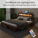 Queen Size Wooden Bed Frame with Storage Headboard & Charging Station, Farmhouse Platform Bedframe with LED Lights & Wood Slat Support, No Noise, No Box Spring Needed, Easy Assembly (Rustic Brown QNICE