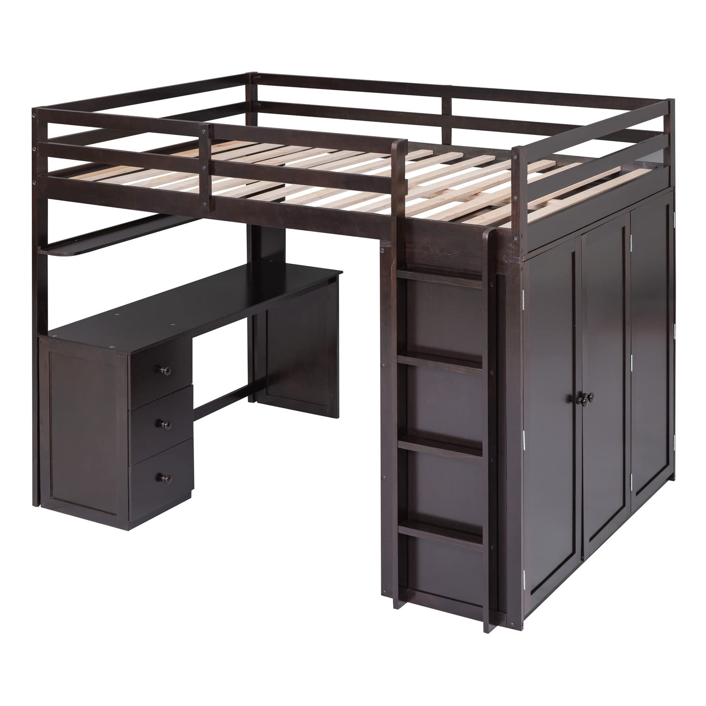 SOFTSEA Espresso Full Size Loft Bed with Wardrobe, Desk, and Drawers for Optimal Space Utilisation - WoodArtSupply