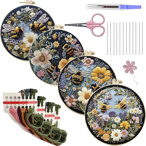 LB 4 Pack Yellow Bee Floral Embroidery Kit for Beginners Green Plant Beginner Embroidery Kit for Adults DIY Starter Kit with Embroidery Hoop Colorful Threads Tools Step by Step Instructions