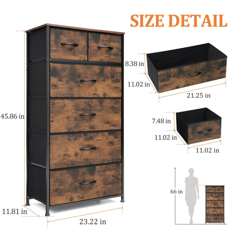 VredHom Fabric Dresser for Bedroom, Tall Skinny Dresser with 6 Drawers, Storage Organizer Tower, Steel Frame Wooden Top for Closet, Living Room, Hallway(Rustic Brown) VredHom