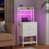 Furologee Tall Nightstand with Charging Station & LED Lights, 41'' Bedside Table with 2 Drawers & Pegboard, White Night Stand with Hooks & Folders, End Table with Shelves for Bedroom/Living Room Furologee
