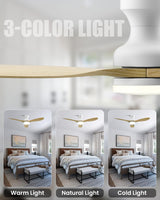 Frstem Leah 52" Solid Wood Ceiling Fan with Light & Remote Control, Flush Mount 3 Blades 6-Speed Ceiling Fan Fixture, Low Profile for Kitchen Bedroom Living Room Indoor (Natural Wood Color & White) Frstem