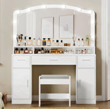 usikey Makeup Vanity with Lights, Vanity Desk, Makeup Vanity Table with 3 Drawers, 2 Cabinets & Long Storage Shelf, 10 Led Lights, Dressing Vanity Table with Stool, for Women, Girls, Bedroom, White usikey