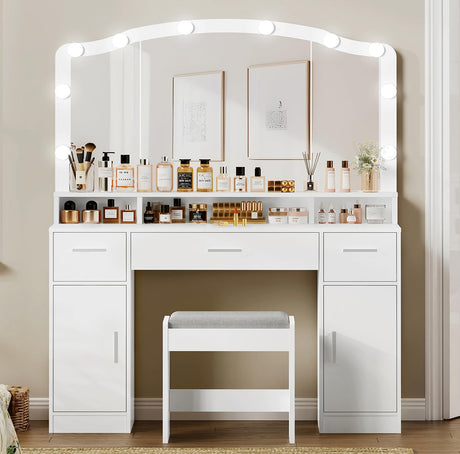usikey Makeup Vanity with Lights, Vanity Desk, Makeup Vanity Table with 3 Drawers, 2 Cabinets & Long Storage Shelf, 10 Led Lights, Dressing Vanity Table with Stool, for Women, Girls, Bedroom, White usikey