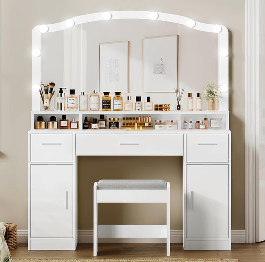 usikey Makeup Vanity with Lights, Vanity Desk, Makeup Vanity Table with 3 Drawers, 2 Cabinets & Long Storage Shelf, 10 Led Lights, Dressing Vanity Table with Stool, for Women, Girls, Bedroom, - WoodArtSupply