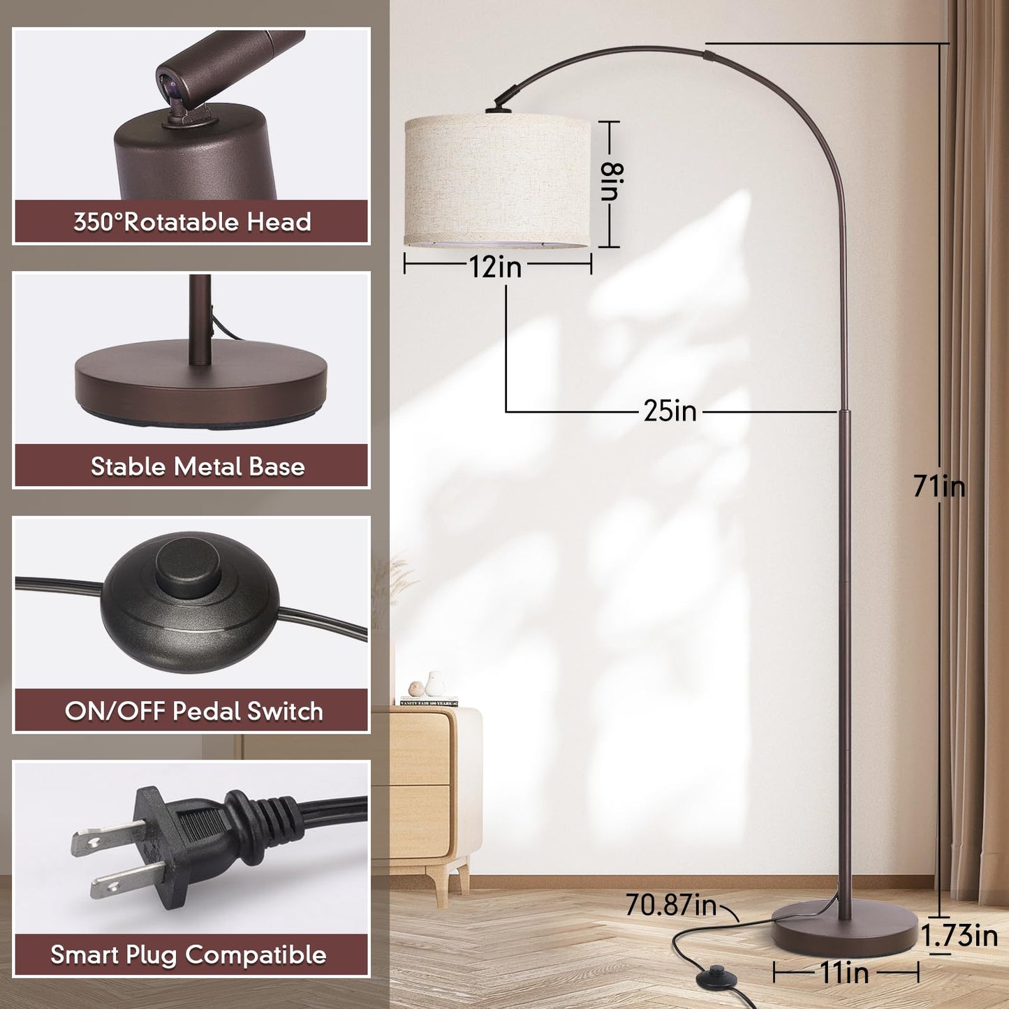 Floor Lamp for Living Room, Arc Floor Lamp with Adjustable Head, Modern Arched Floor Lamp with On/Off Pedal Switch, Over Couch Tall Standing Hanging Light for Reading, Bedroom, Office (Brown) - WoodArtSupply