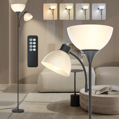 GERGO Led Floor Lamp, Super Bright 11W+7W 2100LM Torchiere Floor Lamps for Living Room, Stepless Adjustable 4 Color Temperatures 3000K-6000K with Remote Control for Bedroom (Matte Black) GERGO