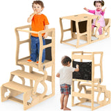 Toddler Tower, Kitchen Stool Helper for Toddlers, Learning Wooden Tower with Chalkboard and Backrest, 3 in 1 Kitchen Standing Tower, Foldable Weaning Table with Safety Rail, Step Stool Montessori DGD