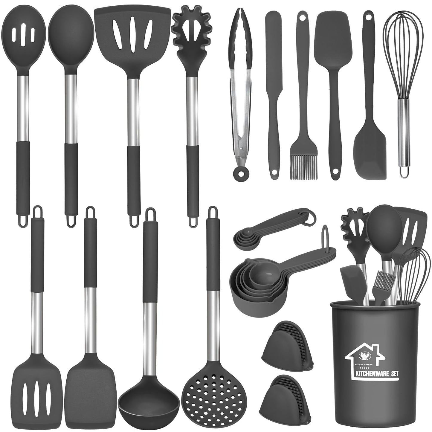 27 Pcs kitchen Utensils Set,446°F Heat Resistant Non-Stick Kitchen Gadgets,Stainless Steel Handle Utensil Sets,Cooking Utensils Set with Holder,Kitchen Accessories,Kitchen Essentials,Dishwasher Safe