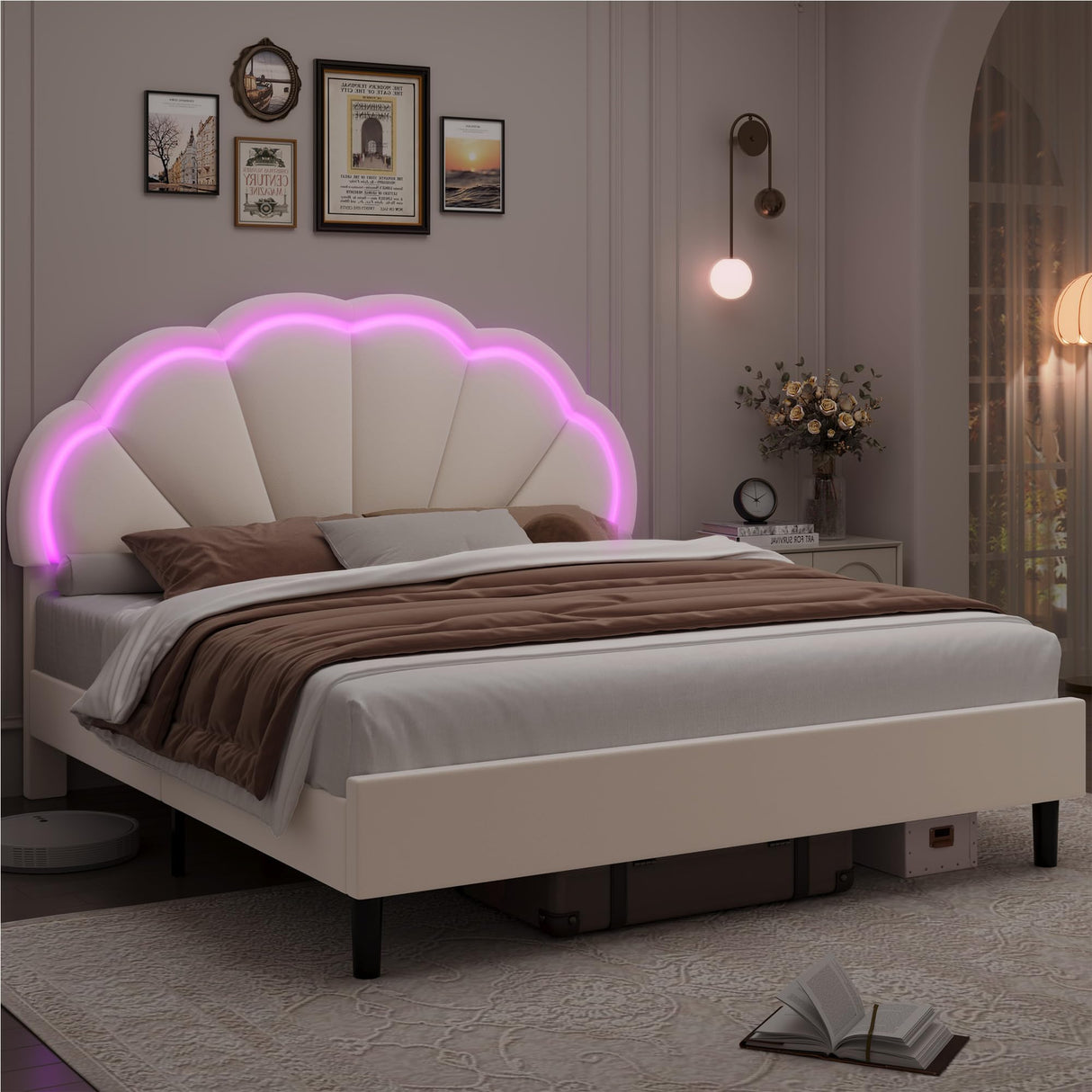 HIFIT King Size Upholstered LED Bed Frame with Adjustable Elegant Flowers Headboard in Beige HIFIT