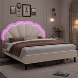 HIFIT King Size Upholstered LED Bed Frame with Adjustable Elegant Flowers Headboard in Beige HIFIT