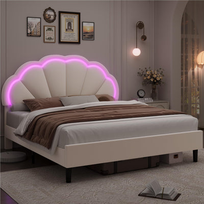 HIFIT King Size Upholstered LED Bed Frame with Adjustable Elegant Flowers Headboard in Beige