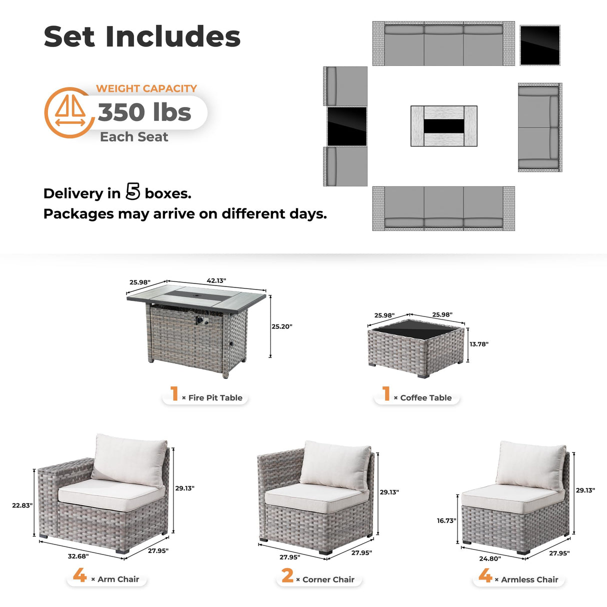 ovios 13 Pieces Patio Furniture Set, Outdoor Sectional Sofa with Rectangular Fire Pit Table, Wide Armrests and Deep Seat, Modern Modular Wicker Rattan Conversation Set, Beige ovios