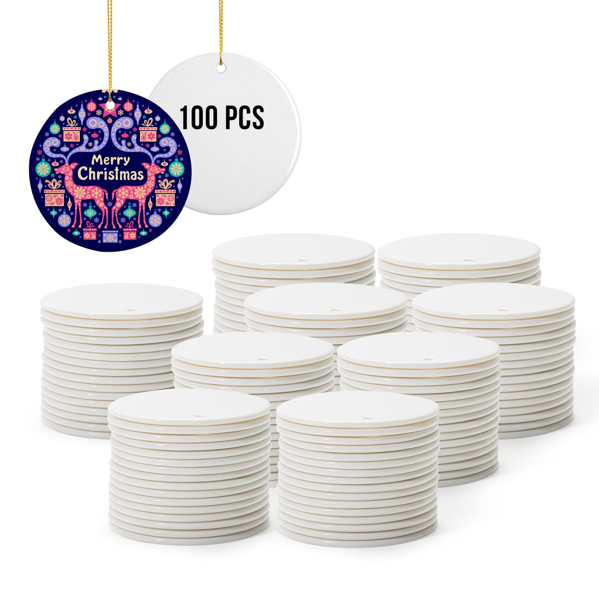 PYD Life 100 PCS Sublimation Ceramic Ornaments Bulk 2.75 Inch Round Blank Ornaments with Gold String for Crafting DIY Personalized Christmas Home Decor Bulk PYD Life