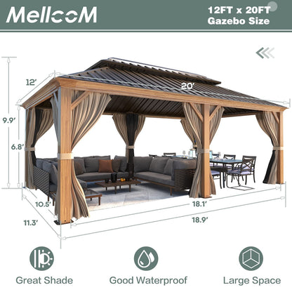 MELLCOM Hardtop Gazebo, 12' x 20' Wooden Finish Coated Aluminum Frame Gazebo with Galvanized Steel Double Roof, Brown Metal Gazebo with Curtains and - WoodArtSupply