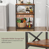 Korfile Kitchen Bakers Rack with Storage Shelves, Small Coffee Bar Table with 8 Hooks, 4 Tiers Microwave Stand Station with Adjustable Shelves, Freestanding Kitchen Appliance Organizer, Rustic Brown Korfile