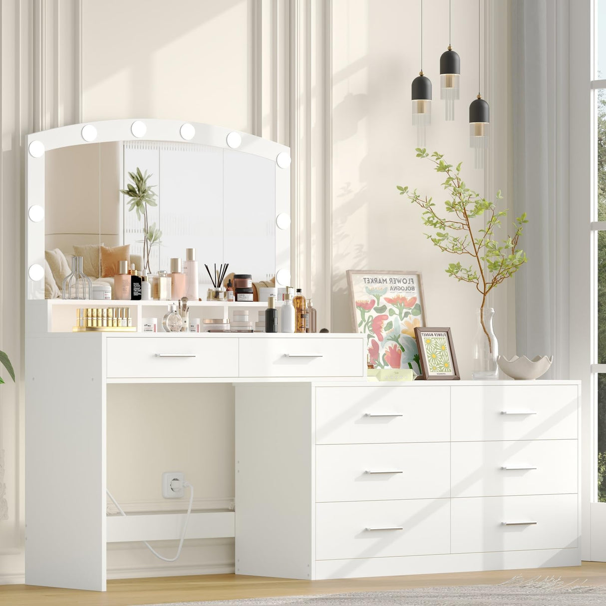 Irontar Vanity Desk with Large Mirror and 3-Color Lights, Makeup Vanity with 8 Drawers & Open Shelf, Side Cabinet with Width Adjustable, Makeup Table for Women, White WDT007W Irontar