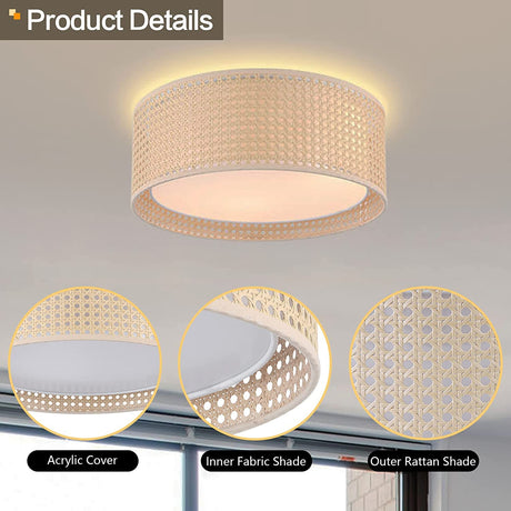 WINGBO 15.7" Modern 3-Light Flush Mount Ceiling Light Fixture with Rattan & Fabric Double Drum Shade for Bedroom Living Room Dining Room Hallway Entryway, Khaki WINGBO