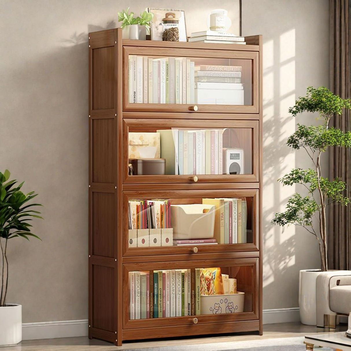 Gakivit 55" Bamboo Bookshelf with Flip-up Acrylic Doors, 4-Tier Bookcase with Clear Doors, Freestanding Cube Storage Organizer with Shelves, Wooden Display Cabinet for Living Room, Study (Brown) Gakivit
