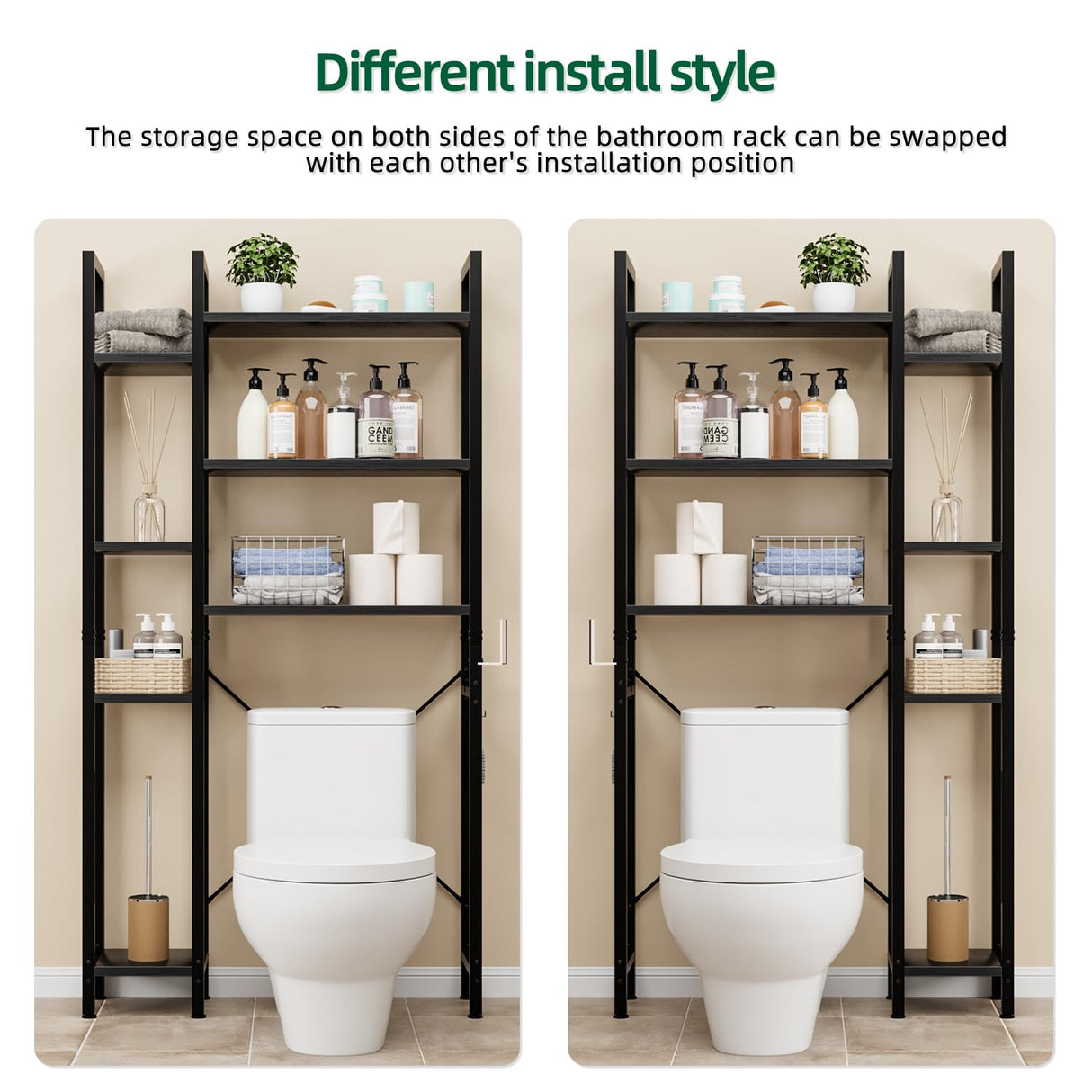 OTK Over The Toilet Storage with 7-Tier Bathroom Organizer Shelf, Freestanding Space Saver with Hooks & Adjustable Feet, Storage Rack for Bathroom, Restroom, Laundry, Black OTK