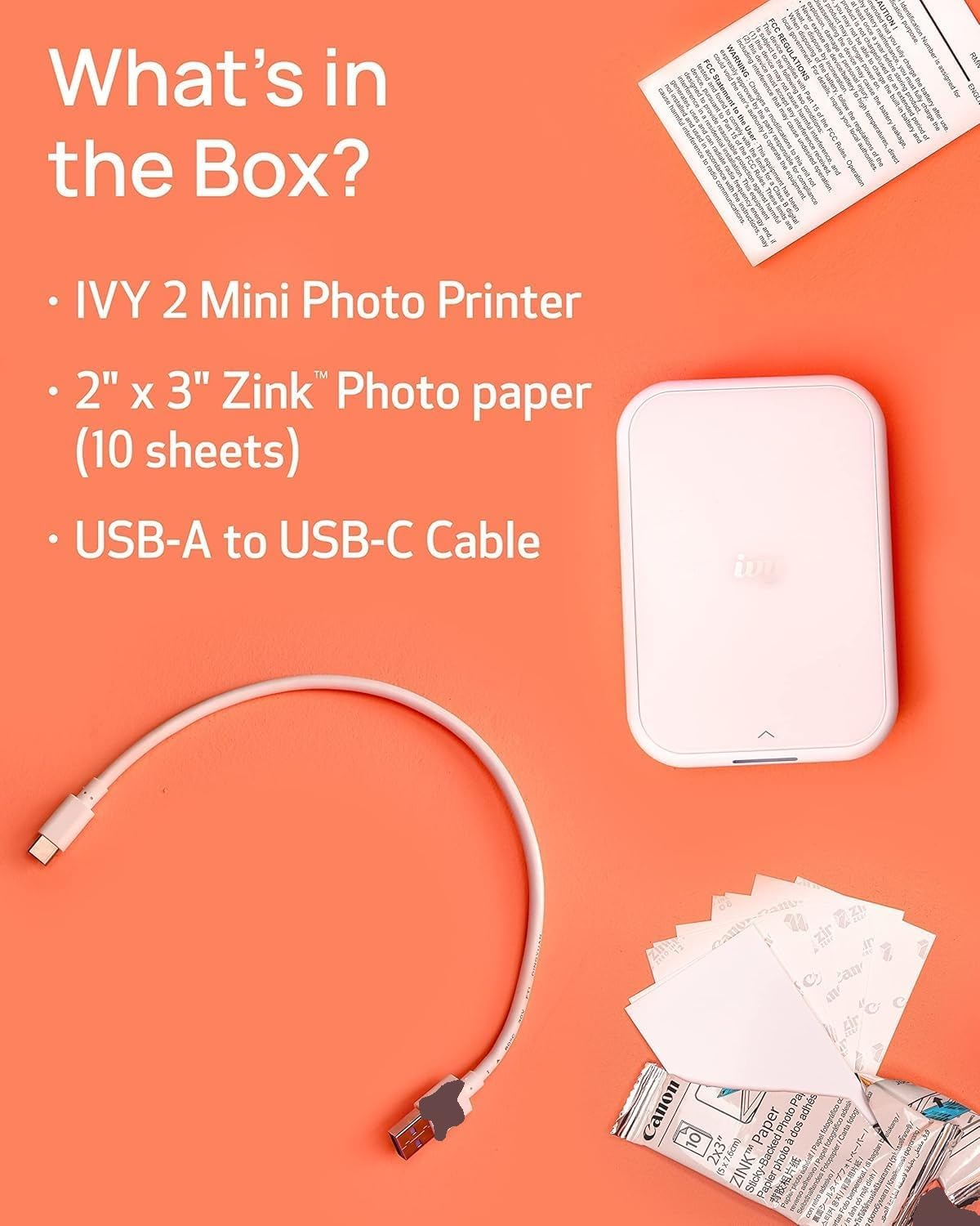 Canon Ivy 2 Mini Photo Printer (Pure White) - Bluetooth, Print from iOS & Android Devices, Bundle Incl. 110 Zink Sticky-Back Prints, LED Light Bar, Protective Case, and USB Cable